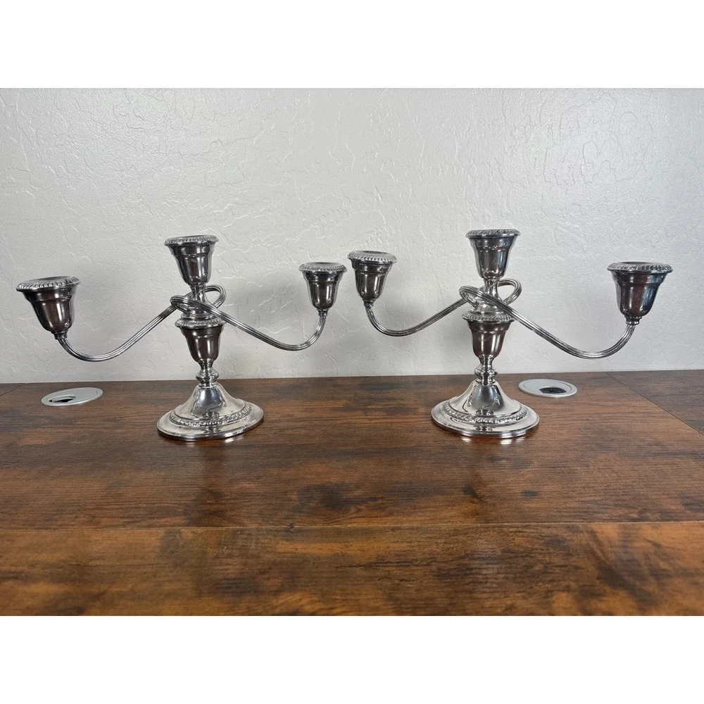 Gorham Silver Plate 3 Light Candelabra Pair YC3001 Gadroon Trim Weighted Set-  2